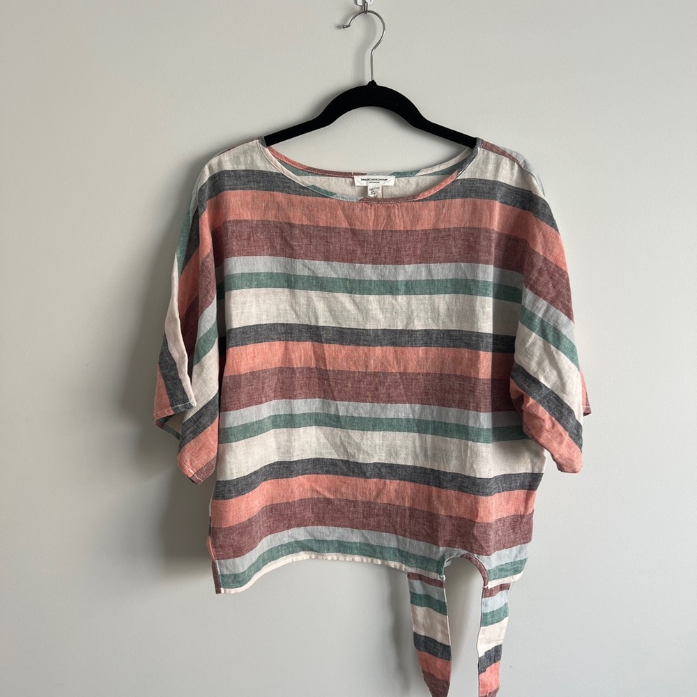 Striped Coastal Luxury Elbow Sleeve Tie Front Linen Cotton Blend Blouse Size XS - Picture 3 of 11